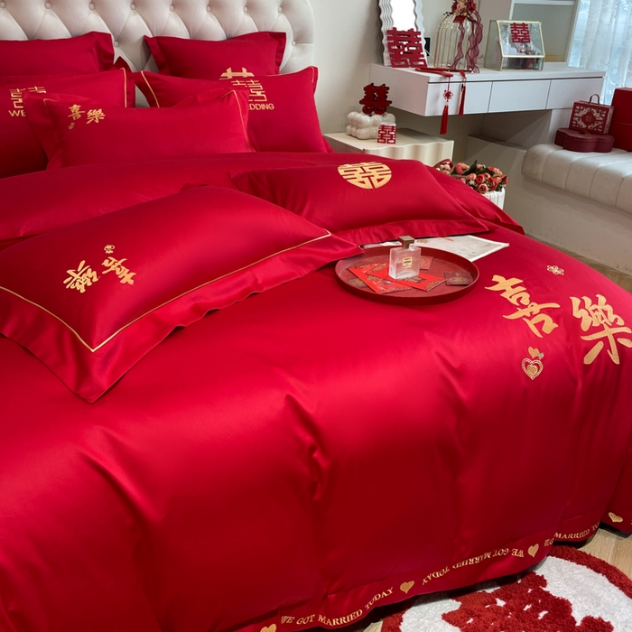 91家纺网 家纺一手货源 找家纺 欧乐蒂 2025新款亲肤棉婚庆刺绣四件套系列 喜乐