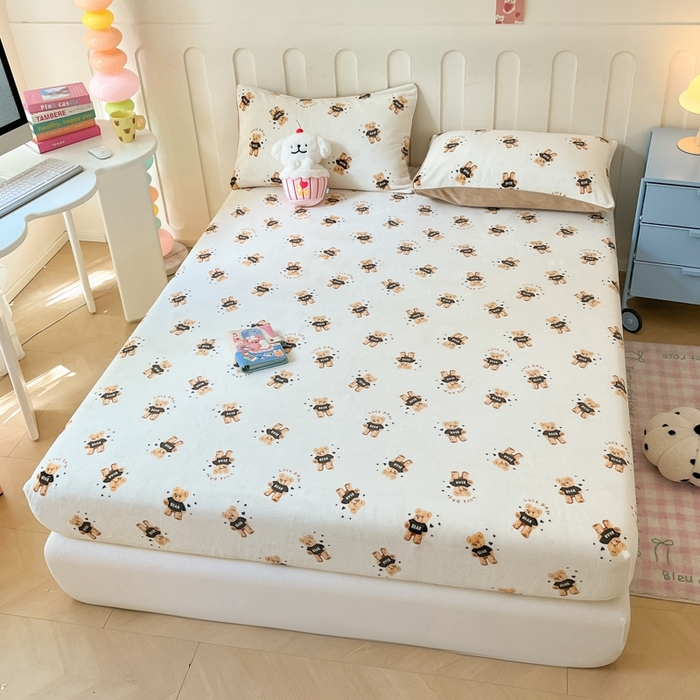 91家纺网 家纺一手货源 找家纺  星座家纺 2025新款小清新牛奶绒单床笠 快乐小熊