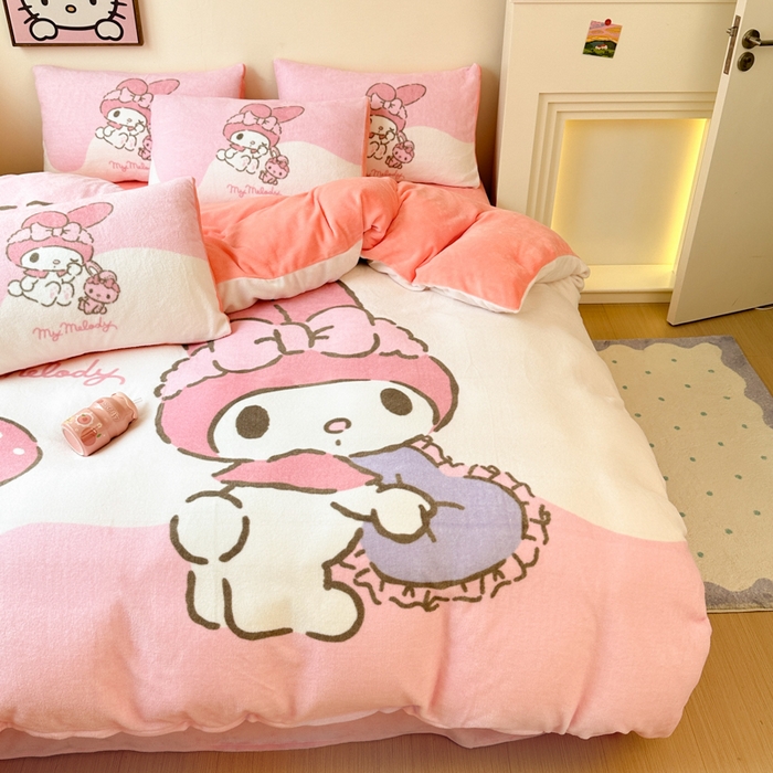 91家纺网 家纺一手货源 找家纺 孩子王家纺 2024新款正版授权三丽鸥库洛米大版卡通学生宿舍双面加厚牛奶绒系列四件套--提供买家秀 少女美乐蒂