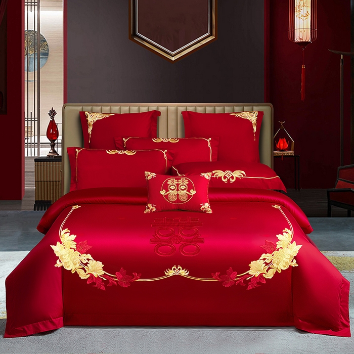 91家纺网 家纺一手货源 找家纺 张公子婚庆馆 2025新款舒适长绒棉婚庆系列四件套 花开富贵（金）