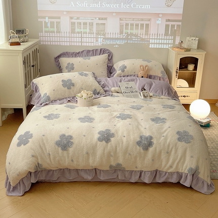 桃子家居 2024新款A类加厚230克色纱提花蝴蝶少女花花韩版花边舒棉绒牛奶绒系列四件套 舒棉绒花边-少女花花白紫