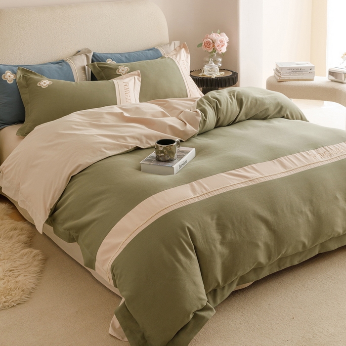 91家纺网 家纺一手货源 找家纺 艾莱家纺 2024新款A类长绒棉条纹提花加厚柔顺磨毛四件套--锦秋系列 锦秋-锦绣绿