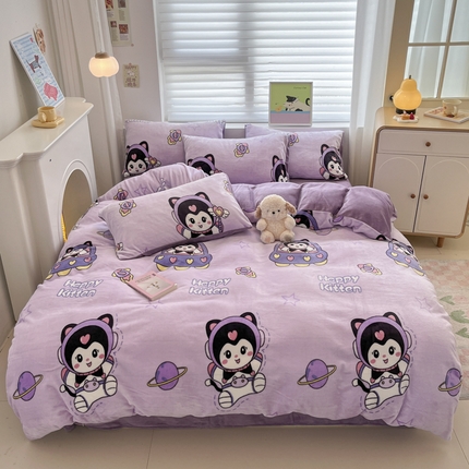 91家纺网 家纺一手货源 找家纺 （总）孩子王家纺 2025新款小清新冬季加厚牛奶绒水晶绒珊瑚绒印花系列四件套