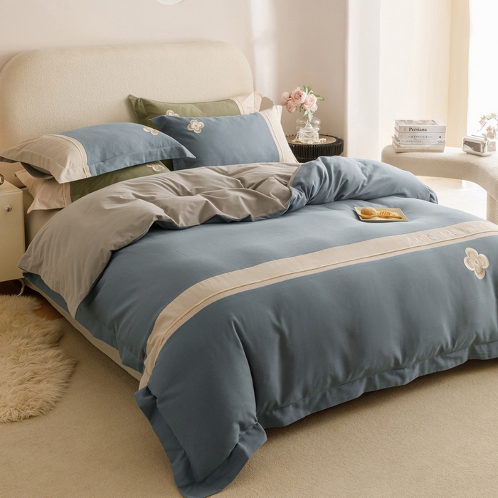 91家纺网 家纺一手货源 找家纺 艾莱家纺 2024新款A类长绒棉条纹提花加厚柔顺磨毛四件套--锦秋系列 锦秋-牛仔蓝