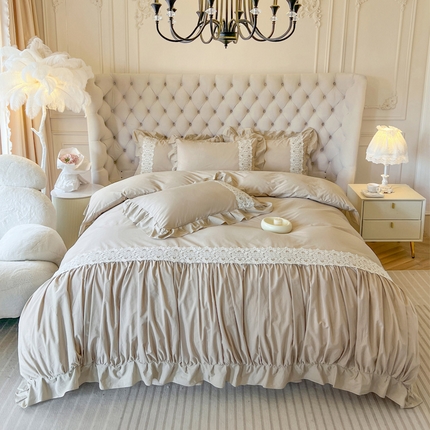 91家纺网 家纺一手货源 找家纺 乐朵家居 2025春夏 全棉水洗棉夹棉四件套-秘密花园 卡其