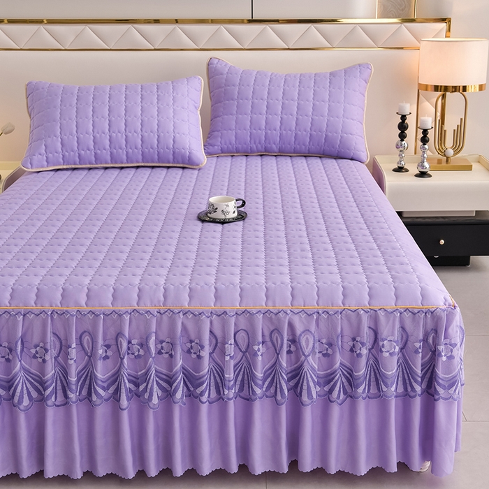 91家纺网 家纺一手货源 找家纺 艾裙海 2025新款90克磨毛夹棉绗缝床裙 紫色