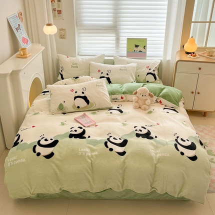 孩子王家纺 2025新款小清新冬季加厚牛奶绒水晶绒珊瑚绒印花系列四件套 熊猫乐园