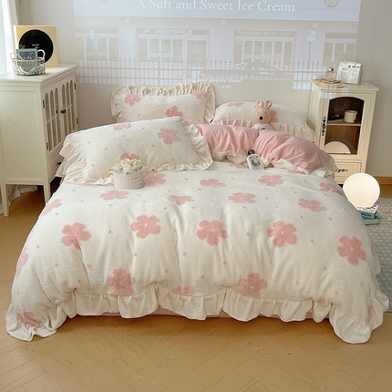 91家纺网 家纺一手货源 找家纺 （总）桃子家居 2024新款A类加厚230克色纱提花蝴蝶少女花花韩版花边舒棉绒牛奶绒系列四件套