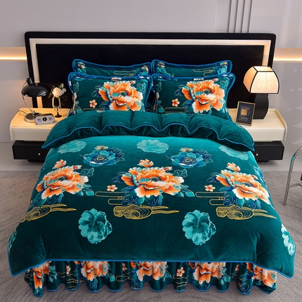 91家纺网 家纺一手货源 找家纺 佳品居 2025新款8斤床裙款牛奶绒四件套 闭花羞月