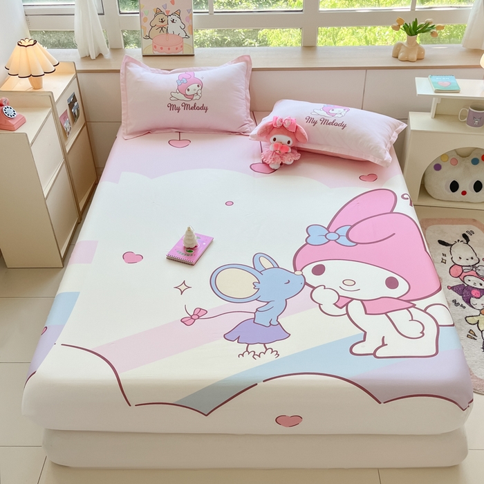 91家纺网 家纺一手货源 找家纺 博雅 2024新款三丽鸥全棉大版印花床笠系列 全棉大版-彩虹美乐蒂