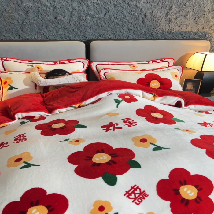 91家纺网 家纺一手货源 找家纺 佳品居 2025新款7斤牛奶绒四件套 满欣欢喜