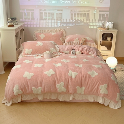 桃子家居 2024新款A类加厚230克色纱提花蝴蝶少女花花韩版花边舒棉绒牛奶绒系列四件套 舒棉绒花边-浪漫蝴蝶粉白