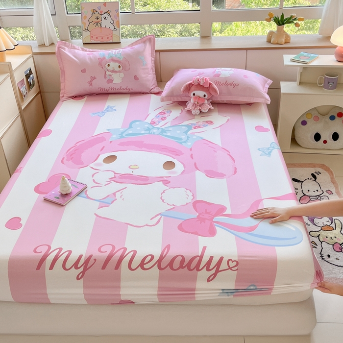 91家纺网 家纺一手货源 找家纺 博雅 2024新款三丽鸥全棉大版印花床笠系列 全棉大版-甜心美乐蒂