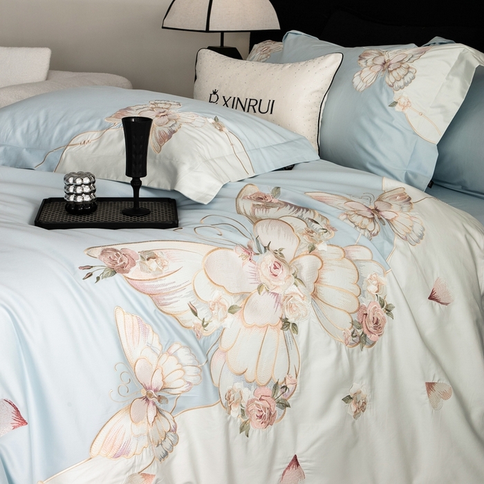 91家纺网 家纺一手货源 找家纺 馨蕊家居 2024秋冬新品100S高奢简约长绒棉纯棉四件套系列全棉四件套-梦幻 梦幻-北卡蓝