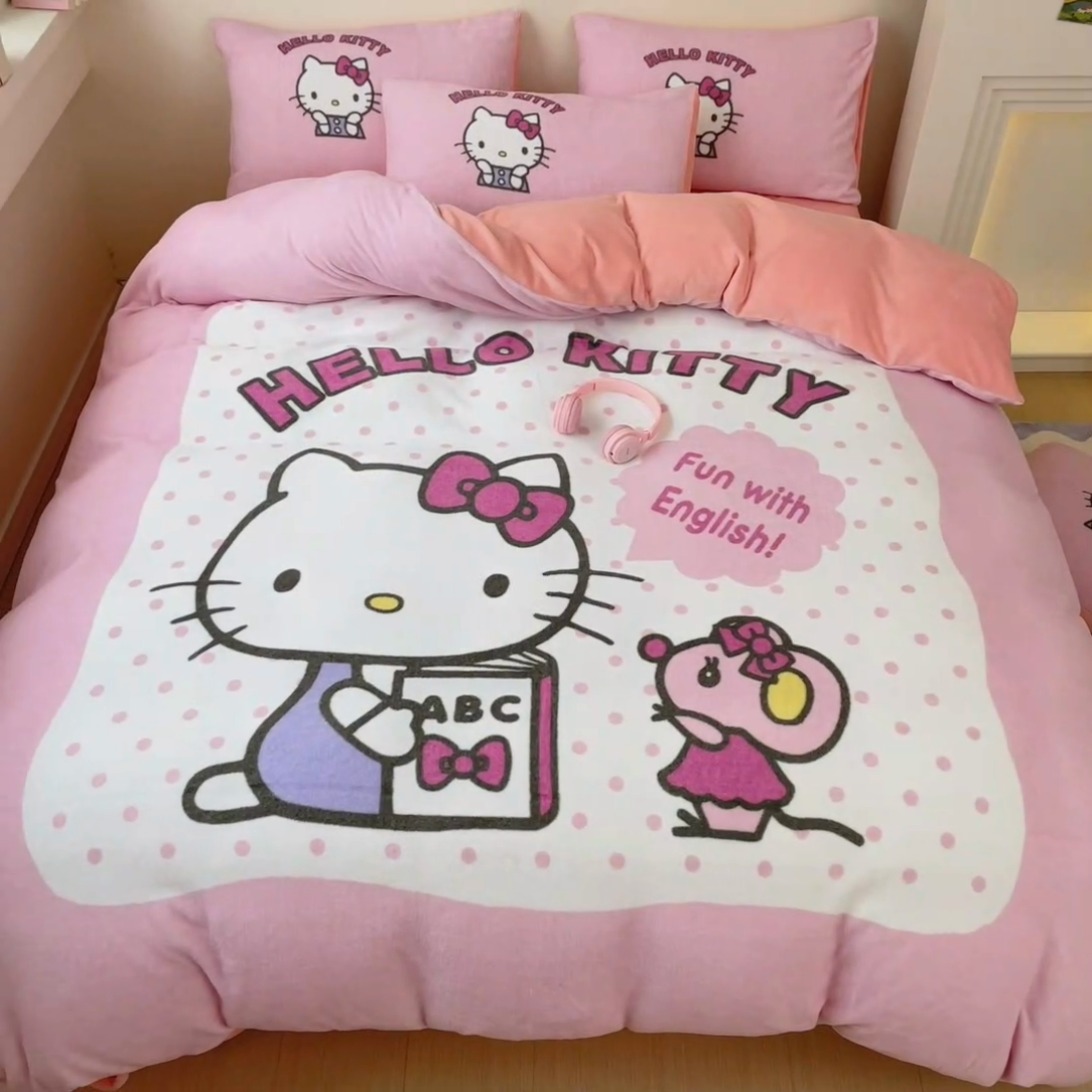 91家纺网 家纺一手货源 找家纺 孩子王家纺 2024新款正版授权三丽鸥库洛米大版卡通学生宿舍双面加厚牛奶绒系列四件套--提供买家秀 波点kt