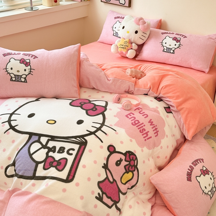 91家纺网 家纺一手货源 找家纺 孩子王家纺 2024新款正版授权三丽鸥库洛米大版卡通学生宿舍双面加厚牛奶绒系列四件套--提供买家秀 波点kt