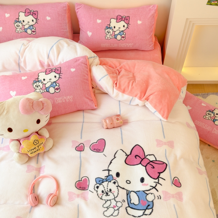 91家纺网 家纺一手货源 找家纺 孩子王家纺 2024新款正版授权三丽鸥库洛米大版卡通学生宿舍双面加厚牛奶绒系列四件套--提供买家秀 爱心kt