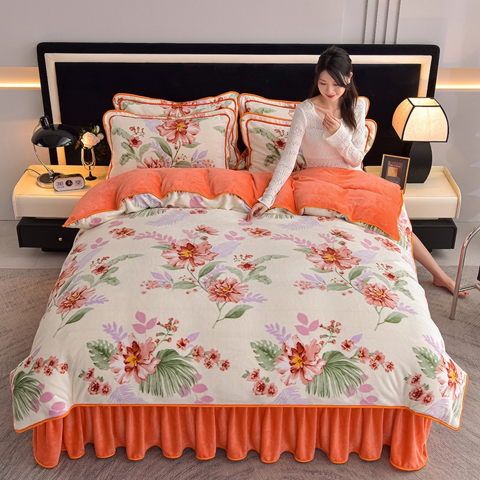 91家纺网 家纺一手货源 找家纺 佳品居 2025新款8斤床裙款牛奶绒四件套 花影