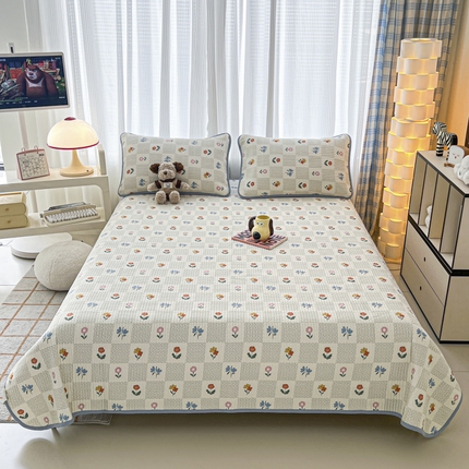 茉夕家纺 2024新款跑量款纯棉单面棉高温水洗床盖 乐晗花朵蓝
