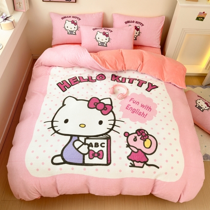 孩子王家纺 2024新款正版授权三丽鸥库洛米大版卡通学生宿舍双面加厚牛奶绒系列四件套--提供买家秀 波点kt