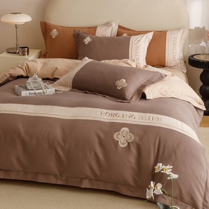 艾莱家纺 2024新款A类长绒棉条纹提花加厚柔顺磨毛四件套--锦秋系列 锦秋-红咖色