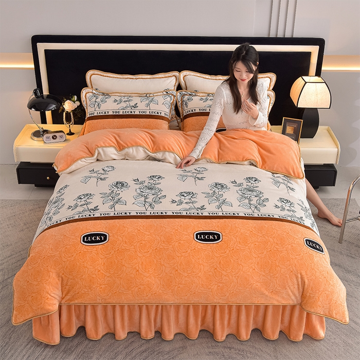 91家纺网 家纺一手货源 找家纺 佳品居 2025新款8斤床裙款牛奶绒四件套 花枝漫舞咖