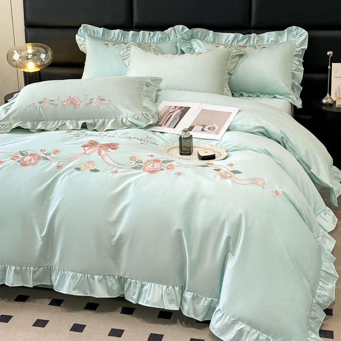 91家纺网 家纺一手货源 找家纺 金麦家纺 2024新款全棉刺绣花边系列四件套 梦蝶绿