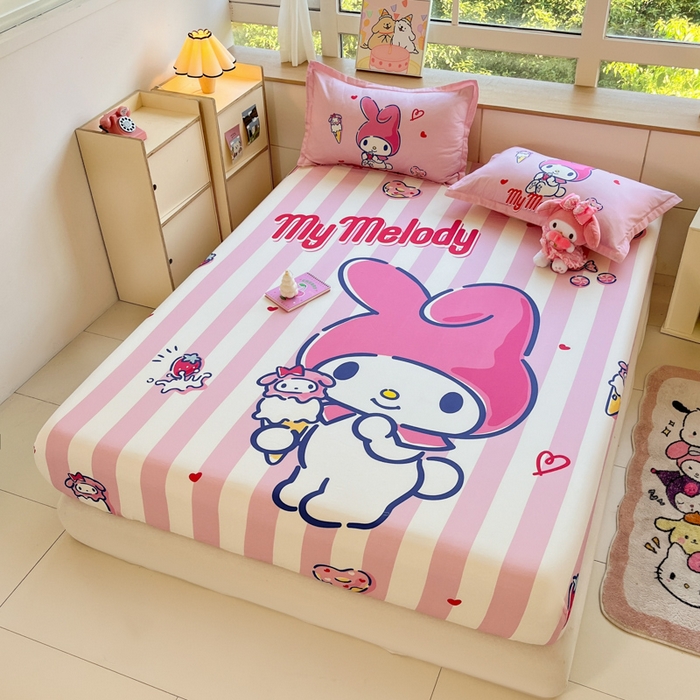 91家纺网 家纺一手货源 找家纺 博雅 2024新款三丽鸥全棉大版印花床笠系列 全棉大版-甜筒美乐蒂