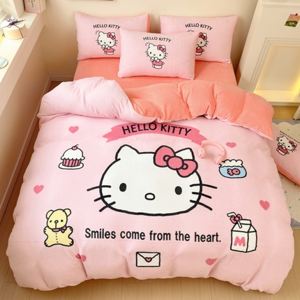 91家纺网 家纺一手货源 找家纺 孩子王家纺 2024新款正版授权三丽鸥库洛米大版卡通学生宿舍双面加厚牛奶绒系列四件套--提供买家秀 甜品kt