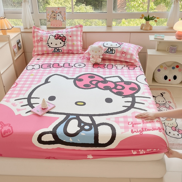 91家纺网 家纺一手货源 找家纺 博雅 2024新款三丽鸥全棉大版印花床笠系列 全棉大版-粉格KT