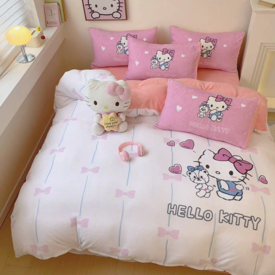 91家纺网 家纺一手货源 找家纺 孩子王家纺 2024新款正版授权三丽鸥库洛米大版卡通学生宿舍双面加厚牛奶绒系列四件套--提供买家秀 爱心kt