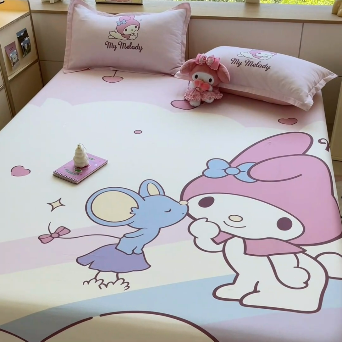 91家纺网 家纺一手货源 找家纺 博雅 2024新款三丽鸥全棉大版印花床笠系列 全棉大版-彩虹美乐蒂