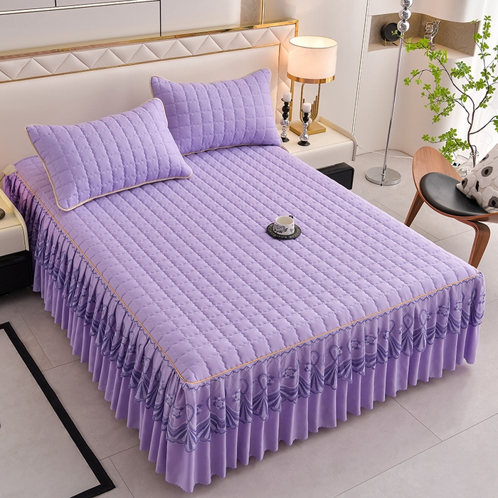 91家纺网 家纺一手货源 找家纺 艾裙海 2025新款90克磨毛夹棉绗缝床裙 紫色