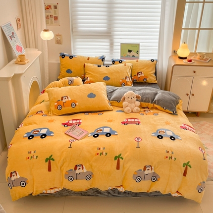 孩子王家纺 2025新款小清新冬季加厚牛奶绒水晶绒珊瑚绒印花系列四件套 小汽车黄