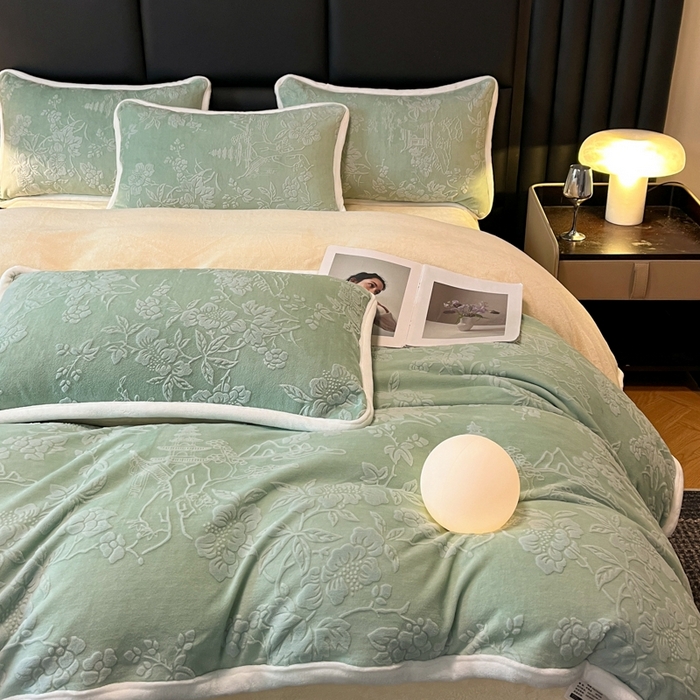 91家纺网 家纺一手货源 找家纺 诺梵 2025新款立体雕花绒四件套_控价标准高于149，加大高于159 兰亭-绿