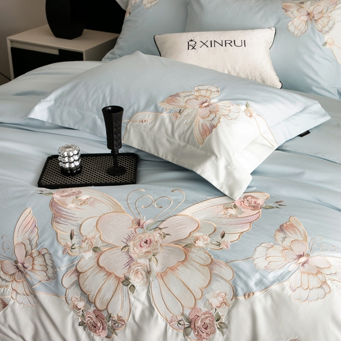 91家纺网 家纺一手货源 找家纺 馨蕊家居 2024秋冬新品100S高奢简约长绒棉纯棉四件套系列全棉四件套-梦幻 梦幻-北卡蓝