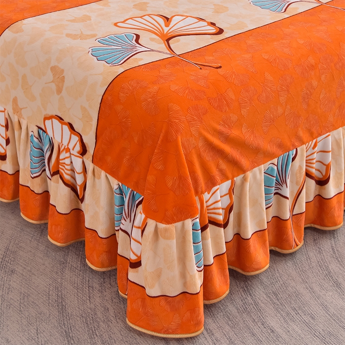 91家纺网 家纺一手货源 找家纺 佳品居 2025新款8斤床裙款牛奶绒四件套 叶语风情桔