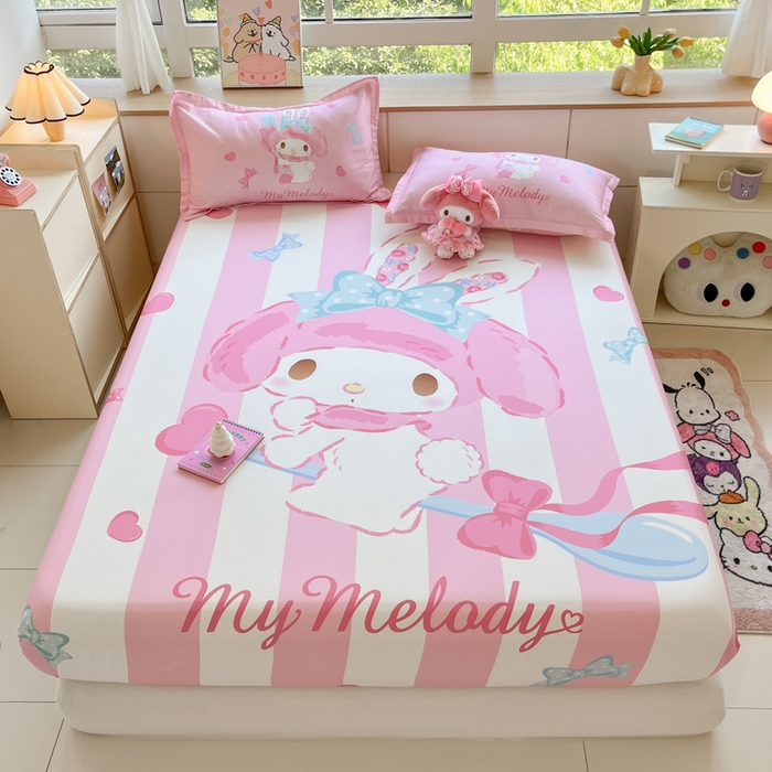 91家纺网 家纺一手货源 找家纺 博雅 2024新款三丽鸥全棉大版印花床笠系列 全棉大版-甜心美乐蒂