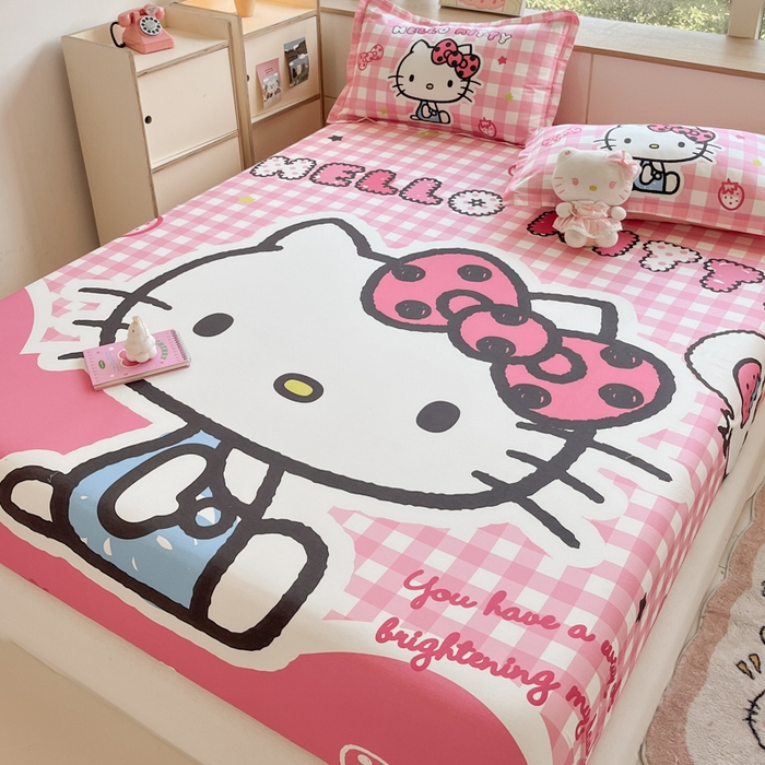 91家纺网 家纺一手货源 找家纺 博雅 2024新款三丽鸥全棉大版印花床笠系列 全棉大版-粉格KT