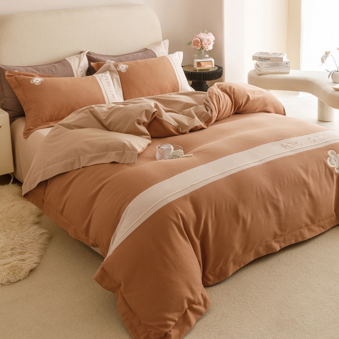 91家纺网 家纺一手货源 找家纺 艾莱家纺 2024新款A类长绒棉条纹提花加厚柔顺磨毛四件套--锦秋系列 锦秋-焦糖色