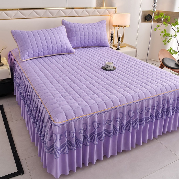 91家纺网 家纺一手货源 找家纺 艾裙海 2025新款90克磨毛夹棉绗缝床裙 紫色