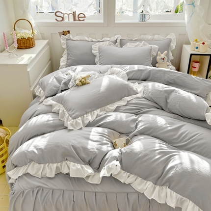 91家纺网 家纺一手货源 找家纺 优卡迪家纺馆 2024新款110克水洗棉甜心系列白花边四件套 甜心-奶油灰