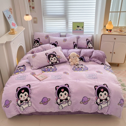 孩子王家纺 2025新款小清新冬季加厚牛奶绒水晶绒珊瑚绒印花系列四件套 小精灵