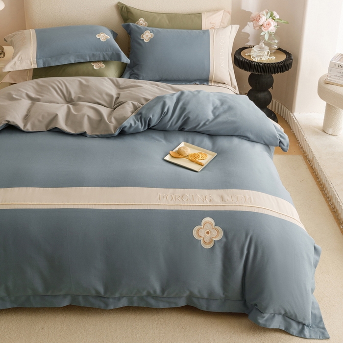 91家纺网 家纺一手货源 找家纺 艾莱家纺 2024新款A类长绒棉条纹提花加厚柔顺磨毛四件套--锦秋系列 锦秋-牛仔蓝