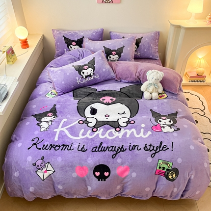 91家纺网 家纺一手货源 找家纺 孩子王家纺 2024新款正版授权三丽鸥库洛米大版卡通学生宿舍双面加厚牛奶绒系列四件套--提供买家秀 圆点库洛米