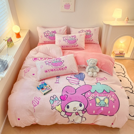 孩子王家纺 2024新款正版授权三丽鸥库洛米大版卡通学生宿舍双面加厚牛奶绒系列四件套--提供买家秀 甜甜美乐蒂