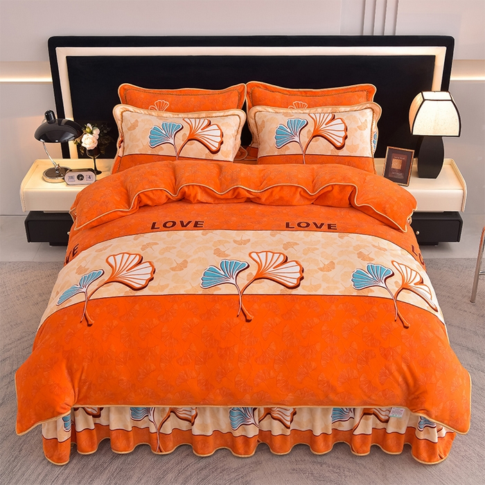 91家纺网 家纺一手货源 找家纺 佳品居 2025新款8斤床裙款牛奶绒四件套 叶语风情桔