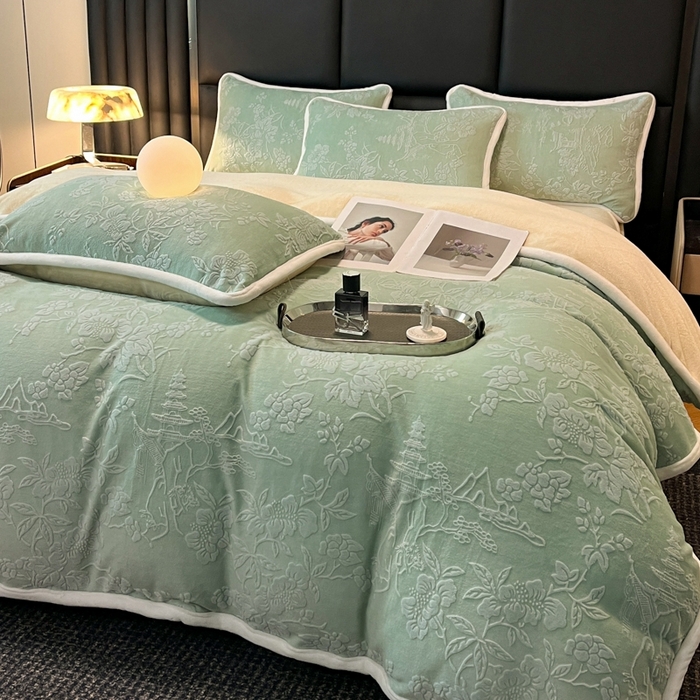 91家纺网 家纺一手货源 找家纺 诺梵 2025新款立体雕花绒四件套_控价标准高于149，加大高于159 兰亭-绿