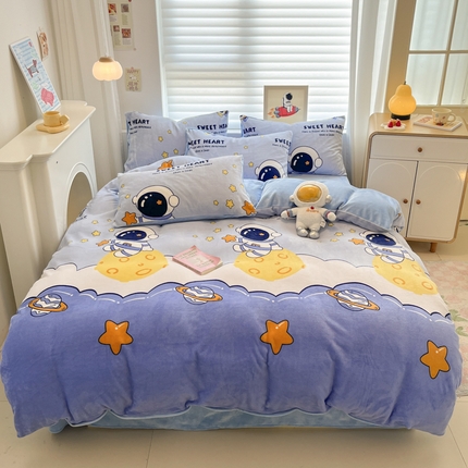 91家纺网 家纺一手货源 找家纺 （总）孩子王家纺 2025新款小清新冬季加厚牛奶绒水晶绒珊瑚绒印花系列四件套