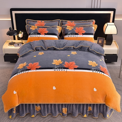 91家纺网 家纺一手货源 找家纺 佳品居 2025新款8斤床裙款牛奶绒四件套 秋分落叶